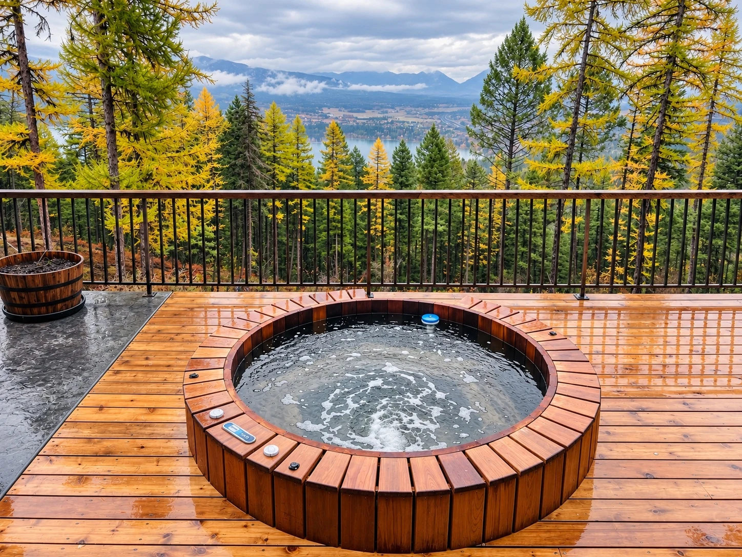 Round wooden hot tub on a deck overlooking autumn trees, a lake, and distant mountains