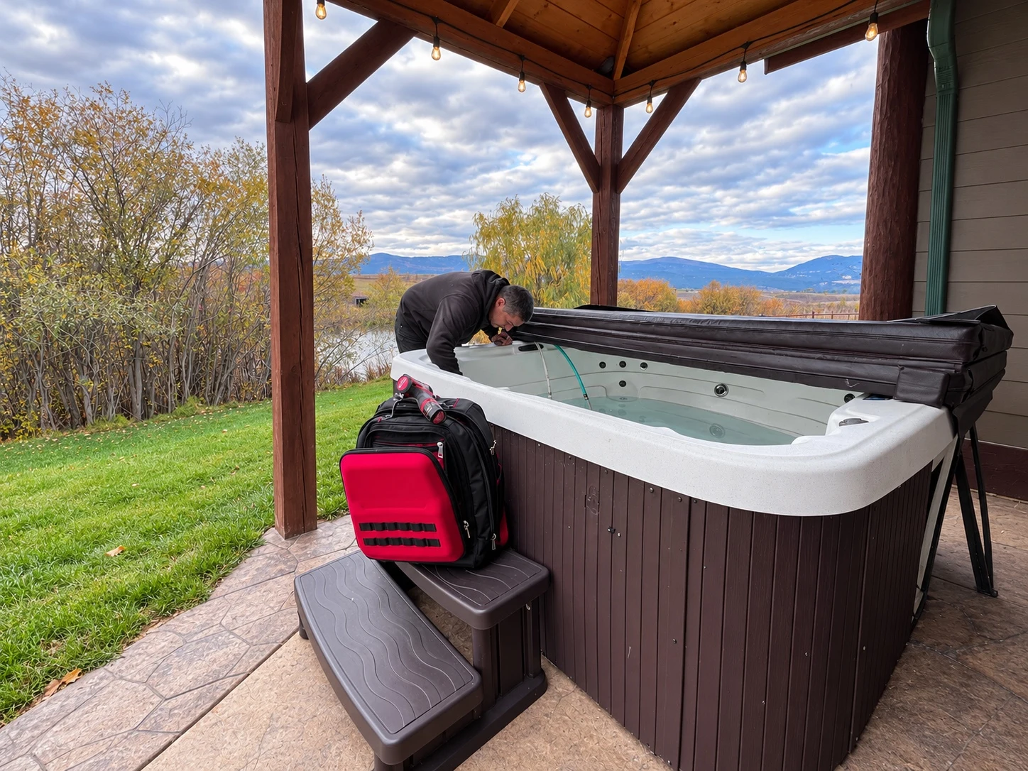 Technician inspecting a hot tub under a covered patio with a tool bag beside the spa