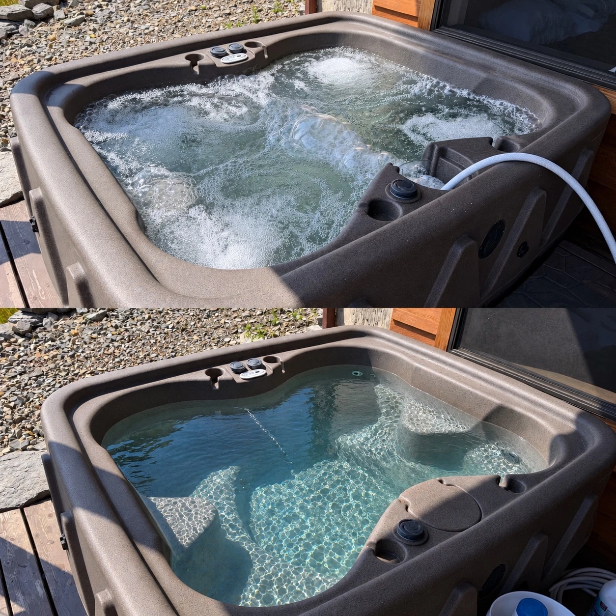 Two photos of a brown hot tub: jets running with foamy water above, and still clear water below