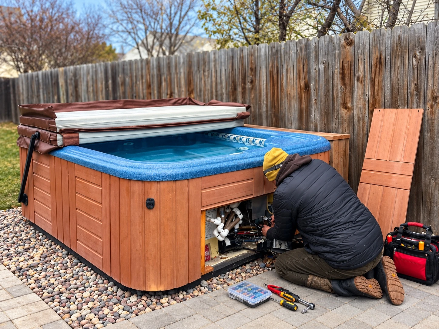Technician repairing a hot tub with the equipment compartment open