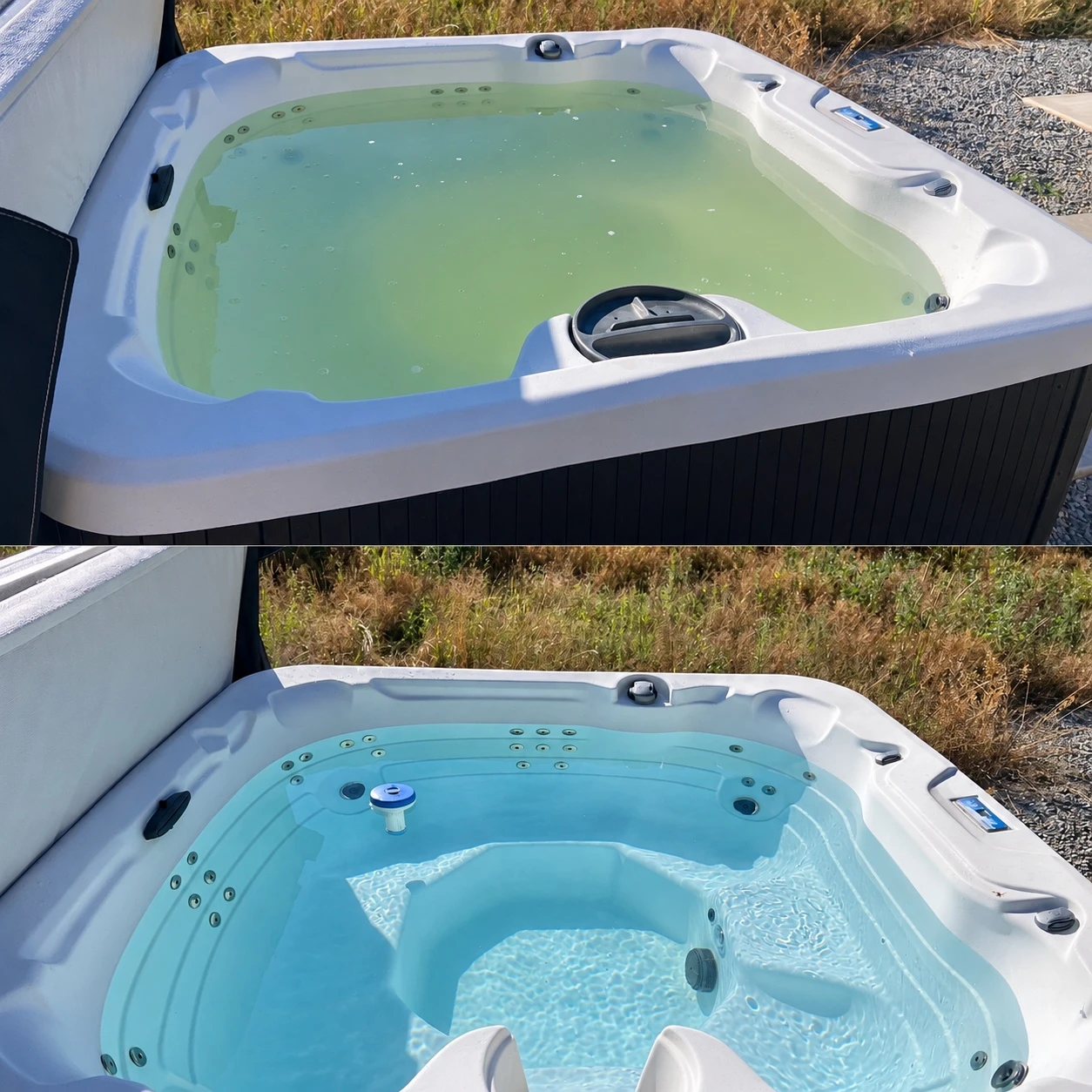 Hot tub water comparison showing greenish cloudy water above and clear blue water below