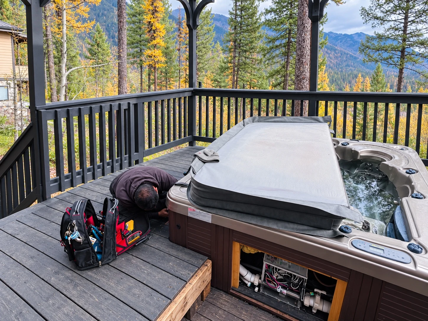 Technician working beside a hot tub with its equipment compartment open on a mountain-view deck