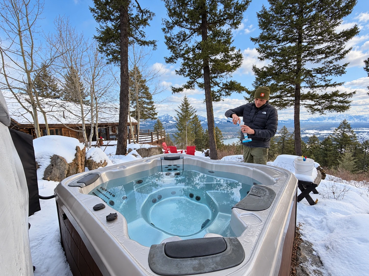 Technician maintaining an outdoor hot tub in a snowy mountain setting