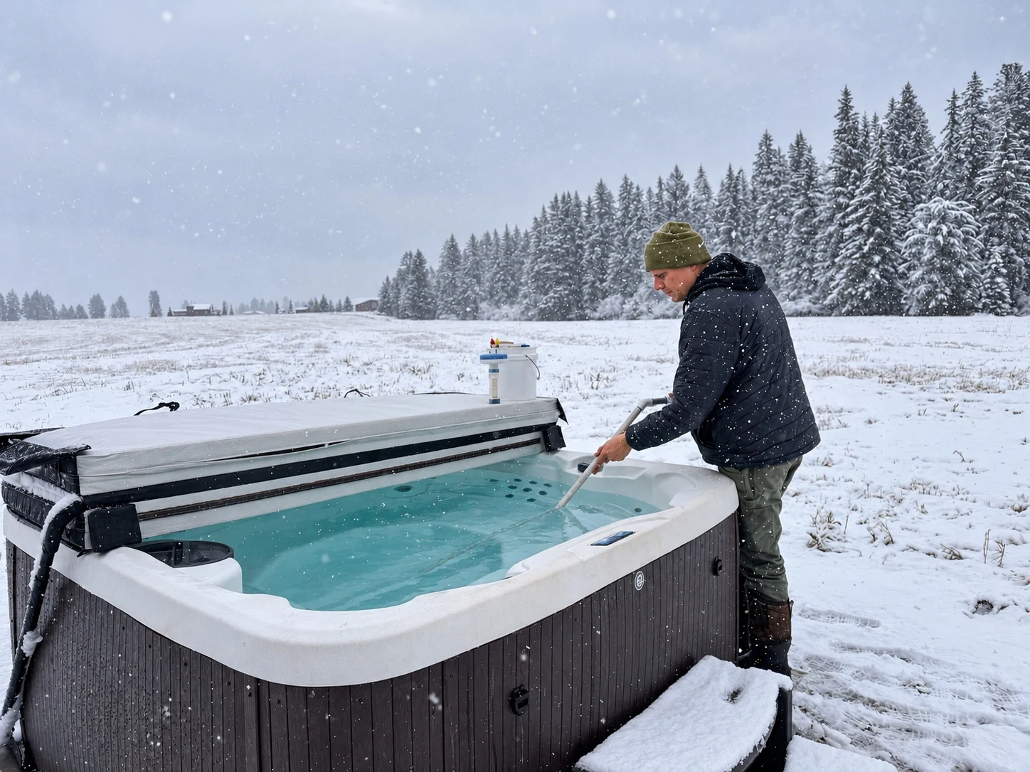 Technician cleaning an outdoor hot tub during snowfall